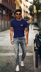 Navy Blue Trending Printed Cotton T Shirt For Men by LAZYCHUNKS