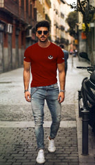 Maroon Trending Printed Cotton T Shirt For Men by LAZYCHUNKS