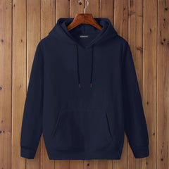 Full Sleeve Navy Blue Cotton Kangaroo Hoodie for Men by LAZYCHUNKS