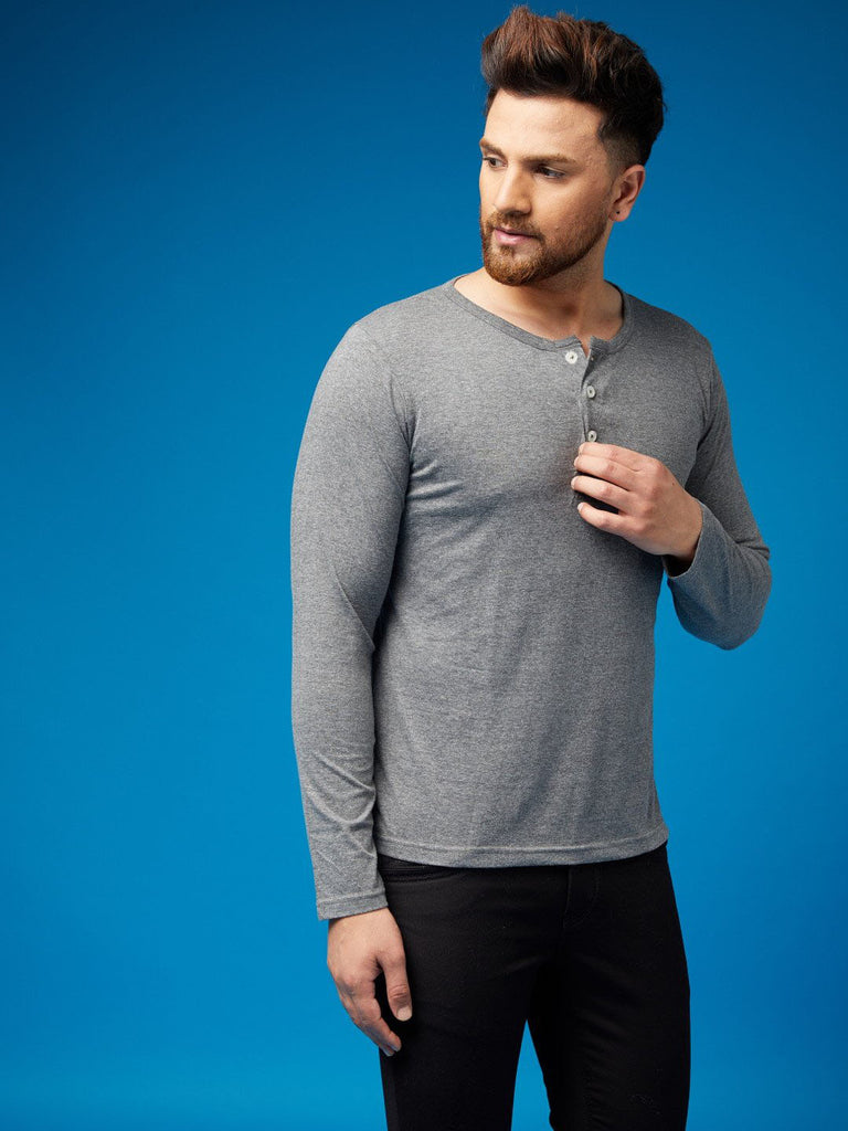 Melange Grey Henley Full sleeves cotton t shirt by Lazychunks