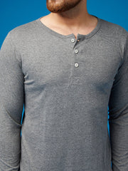 Melange Grey Henley Full sleeves cotton t shirt by Lazychunks