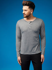 Melange Grey Henley Full sleeves cotton t shirt by Lazychunks