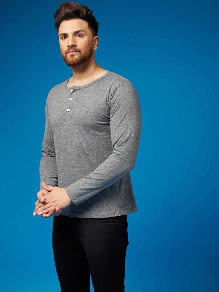 Melange Grey Henley Full sleeves cotton t shirt by Lazychunks