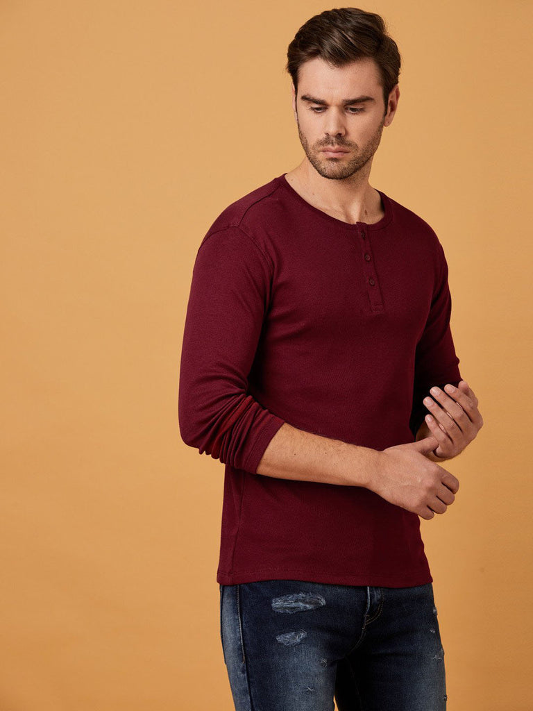 Maroon Henley Full sleeves cotton t shirt by Lazychunks