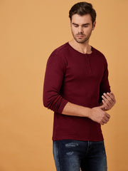 Maroon Henley Full sleeves cotton t shirt by Lazychunks