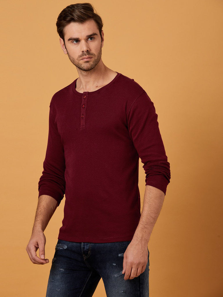 Maroon Henley Full sleeves cotton t shirt by Lazychunks