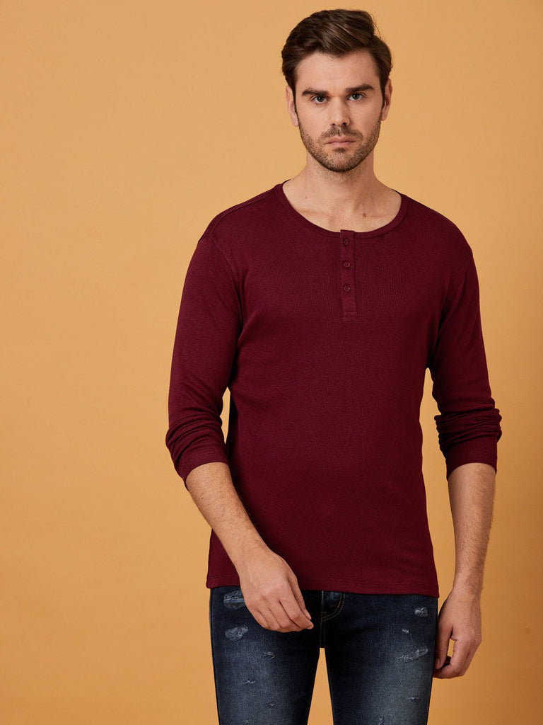 Maroon Henley Full sleeves cotton t shirt by Lazychunks
