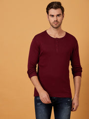 Maroon Henley Full sleeves cotton t shirt by Lazychunks