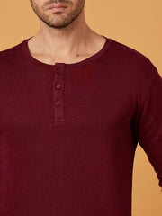 Maroon Henley Full sleeves cotton t shirt by Lazychunks