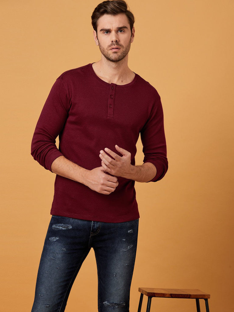 Maroon Henley Full sleeves cotton t shirt by Lazychunks