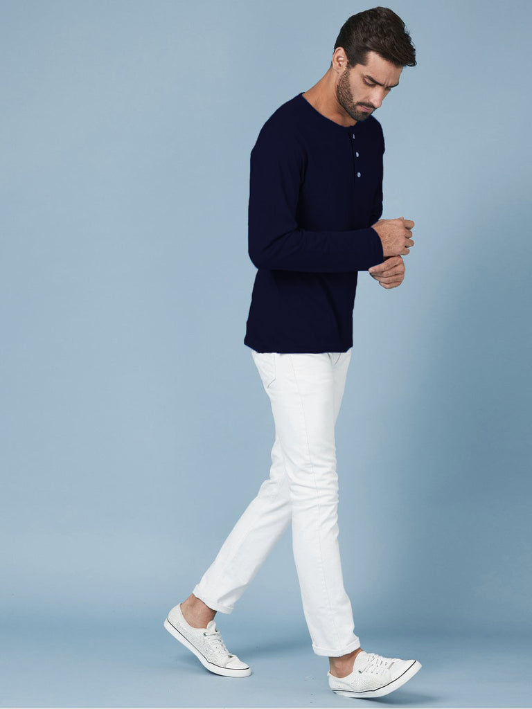Navy Blue Henley Full Sleeves Cotton T shirt by LazyChunks