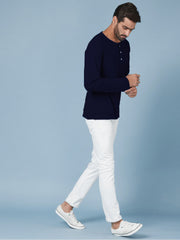 Navy Blue Henley Full Sleeves Cotton T shirt by LazyChunks