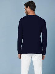 Navy Blue Henley Full Sleeves Cotton T shirt by LazyChunks