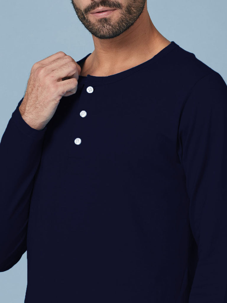 Navy Blue Henley Full Sleeves Cotton T shirt by LazyChunks
