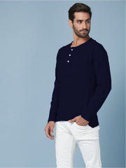 Navy Blue Henley Full Sleeves Cotton T shirt by LazyChunks