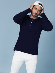 Navy Blue Henley Full Sleeves Cotton T shirt by LazyChunks