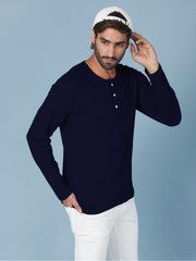 Navy Blue Henley Full Sleeves Cotton T shirt by LazyChunks