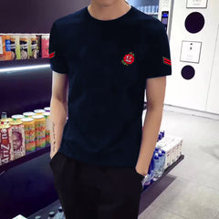 Navy Blue Trendy Printed Cotton Tshirt Half Sleeve Round Neck T Shirt, PATCH T Shirt For Man by LAZYCHUNKS