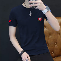 Navy Blue Trendy Printed Cotton Tshirt Half Sleeve Round Neck T Shirt, PATCH T Shirt For Man by LAZYCHUNKS