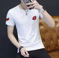 White Trendy Printed Cotton Tshirt Half Sleeve Round Neck T Shirt, PATCH T Shirt For Man by LAZYCHUNKS