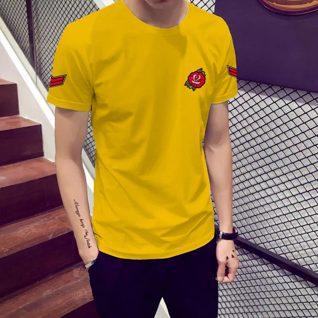 Yellow Trendy Printed Cotton Tshirt Half Sleeve Round Neck T Shirt, PATCH T Shirt For Man by LAZYCHUNKS
