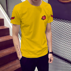 Yellow Trendy Printed Cotton Tshirt Half Sleeve Round Neck T Shirt, PATCH T Shirt For Man by LAZYCHUNKS