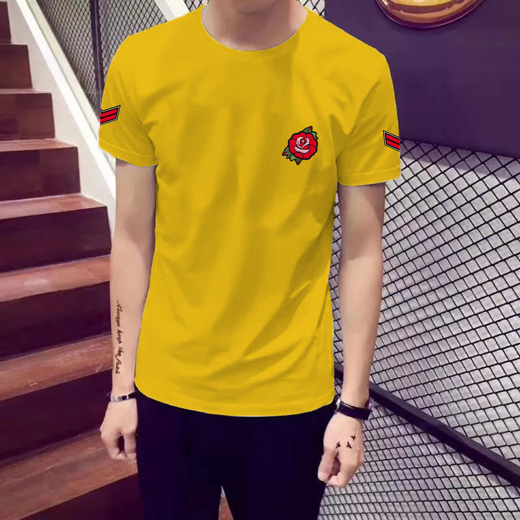 Yellow Trendy Printed Cotton Tshirt Half Sleeve Round Neck T Shirt, PATCH T Shirt For Man by LAZYCHUNKS