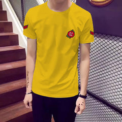 Yellow Trendy Printed Cotton Tshirt Half Sleeve Round Neck T Shirt, PATCH T Shirt For Man by LAZYCHUNKS