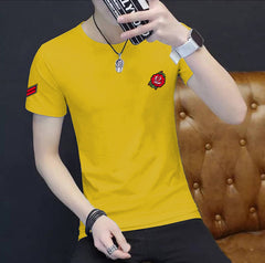 Yellow Trendy Printed Cotton Tshirt Half Sleeve Round Neck T Shirt, PATCH T Shirt For Man by LAZYCHUNKS