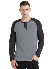 Men's Regular Fit Melange Grey Raglan Full Sleeve Henley T-Shirt By LazyChunks