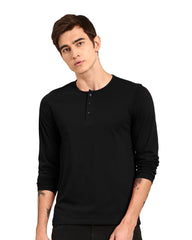 Regular Fit Men's Solid Black Henley Neck Full Sleeve Plain Tshirt By LazyChunks
