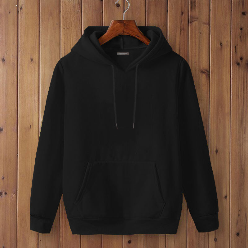 Full Sleeve Black Cotton Kangaroo Hoodie for Men by LAZYCHUNKS