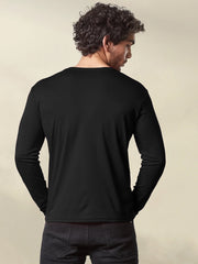 Black Henley Neck Full Sleeve Cotton T-Shirt By LazyChunks
