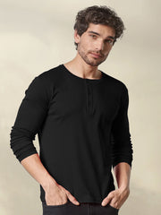 Black Henley Neck Full Sleeve Cotton T-Shirt By LazyChunks