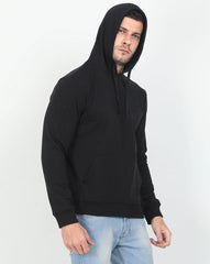 Solid Black Cotton Blend Kangaroo Hoodie Sweatshirt for Men By LazyChunks