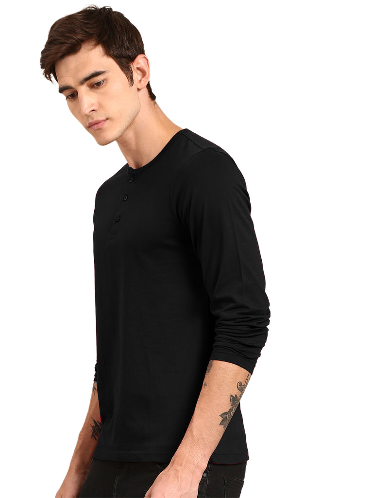 Regular Fit Men's Solid Black Henley Neck Full Sleeve Plain Tshirt By LazyChunks