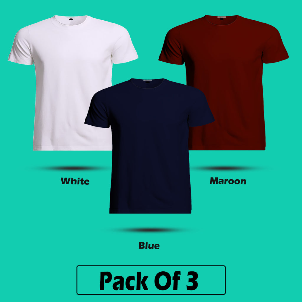 Regular Fit Men's Cotton Half Sleeve Round Neck Plain T Shirt Combo (Pack Of 03) By LazyChunks