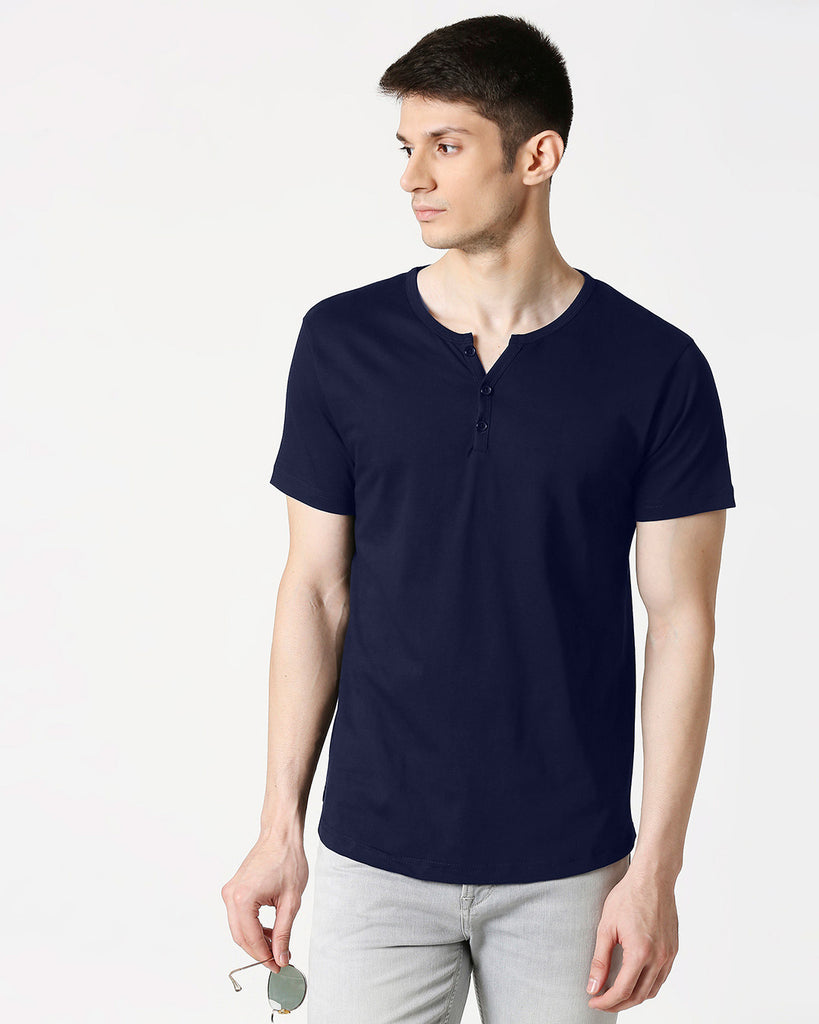 Navy Blue Henley Half Sleeves T Shirt By LazyChunks