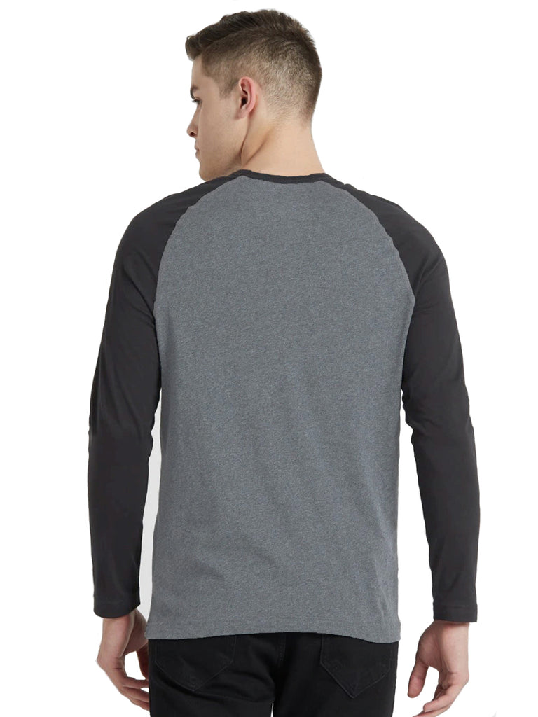 Men's Regular Fit Melange Grey Raglan Full Sleeve Henley T-Shirt By LazyChunks