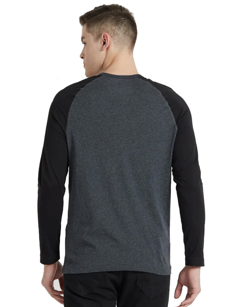 Men's Regular Fit Charcoal Grey Raglan Full Sleeve Henley T-Shirt By LazyChunks