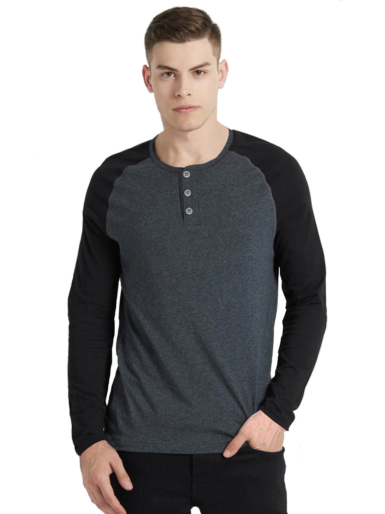 Men's Regular Fit Charcoal Grey Raglan Full Sleeve Henley T-Shirt By LazyChunks