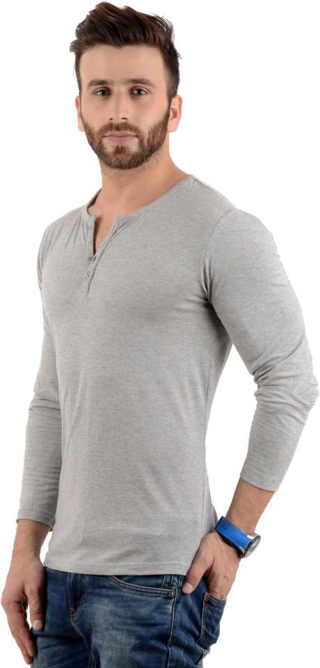 Solid Melange Grey Full Sleeve Henley Neck Plain Cotton Tshirt For Men ...