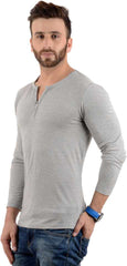 Solid Melange Grey Full Sleeve Henley Neck Plain Cotton Tshirt For Men By LazyChunks