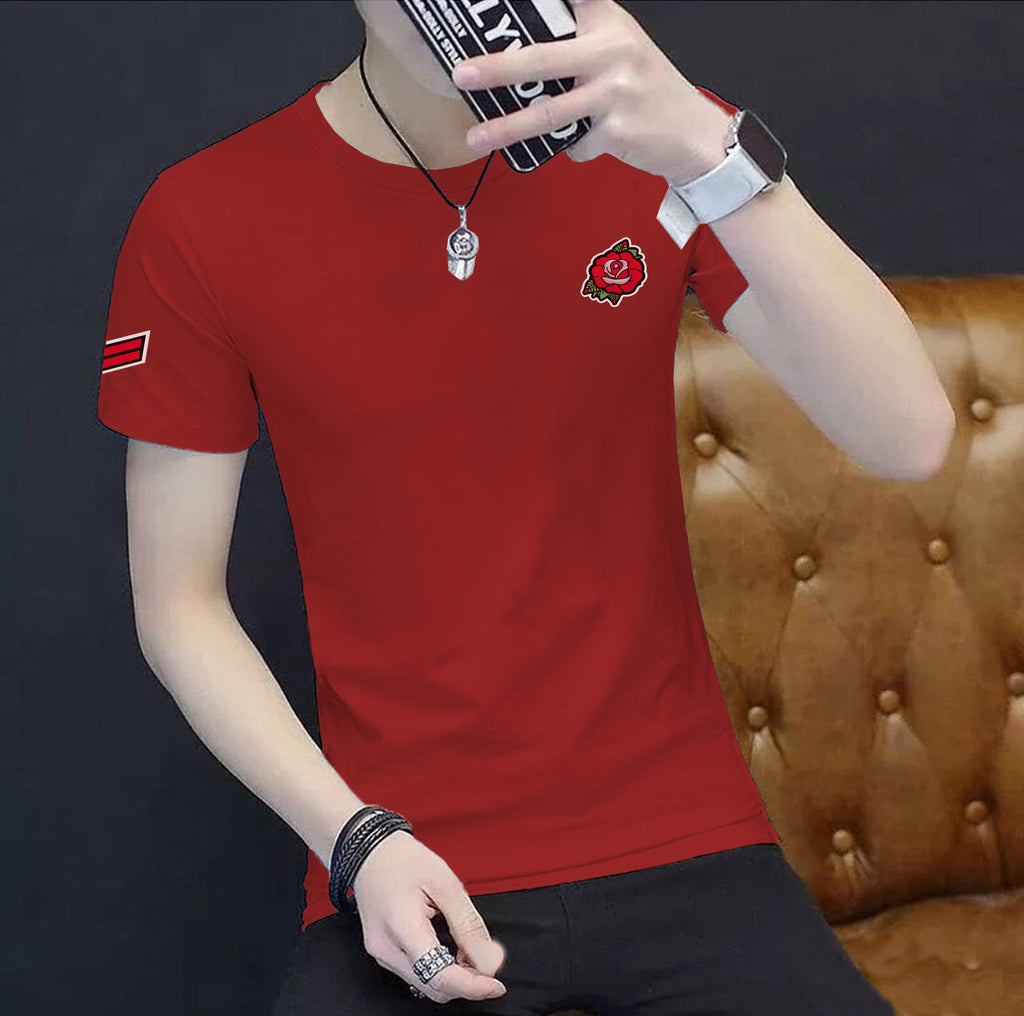 Maroon Trendy Printed Cotton Tshirt Half Sleeve Round Neck T Shirt, PATCH T Shirt For Man by LAZYCHUNKS