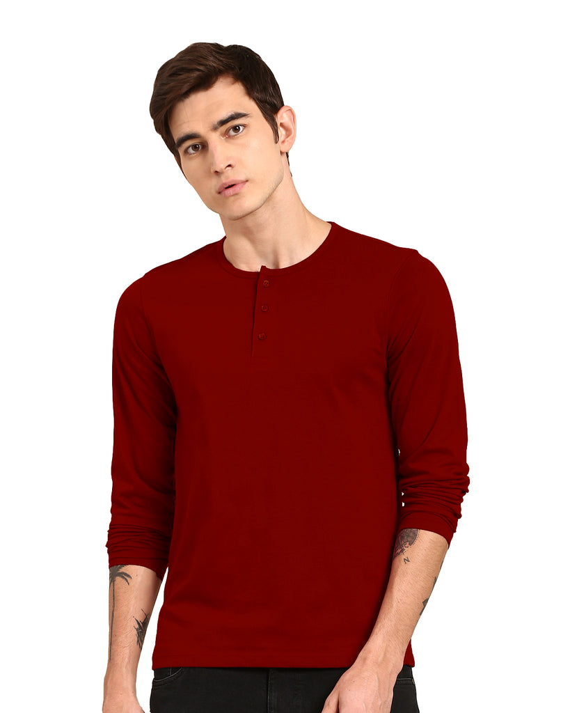 Henley Neck Full Sleeve Solid Maroon Plain Cotton Tshirt By LazyChunks
