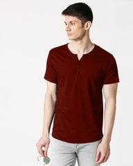 Maroon Henley Half Sleeves T Shirt By LazyChunks