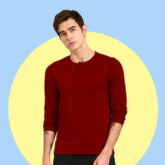 Henley Neck Full Sleeve Solid Maroon Plain Cotton Tshirt By LazyChunks