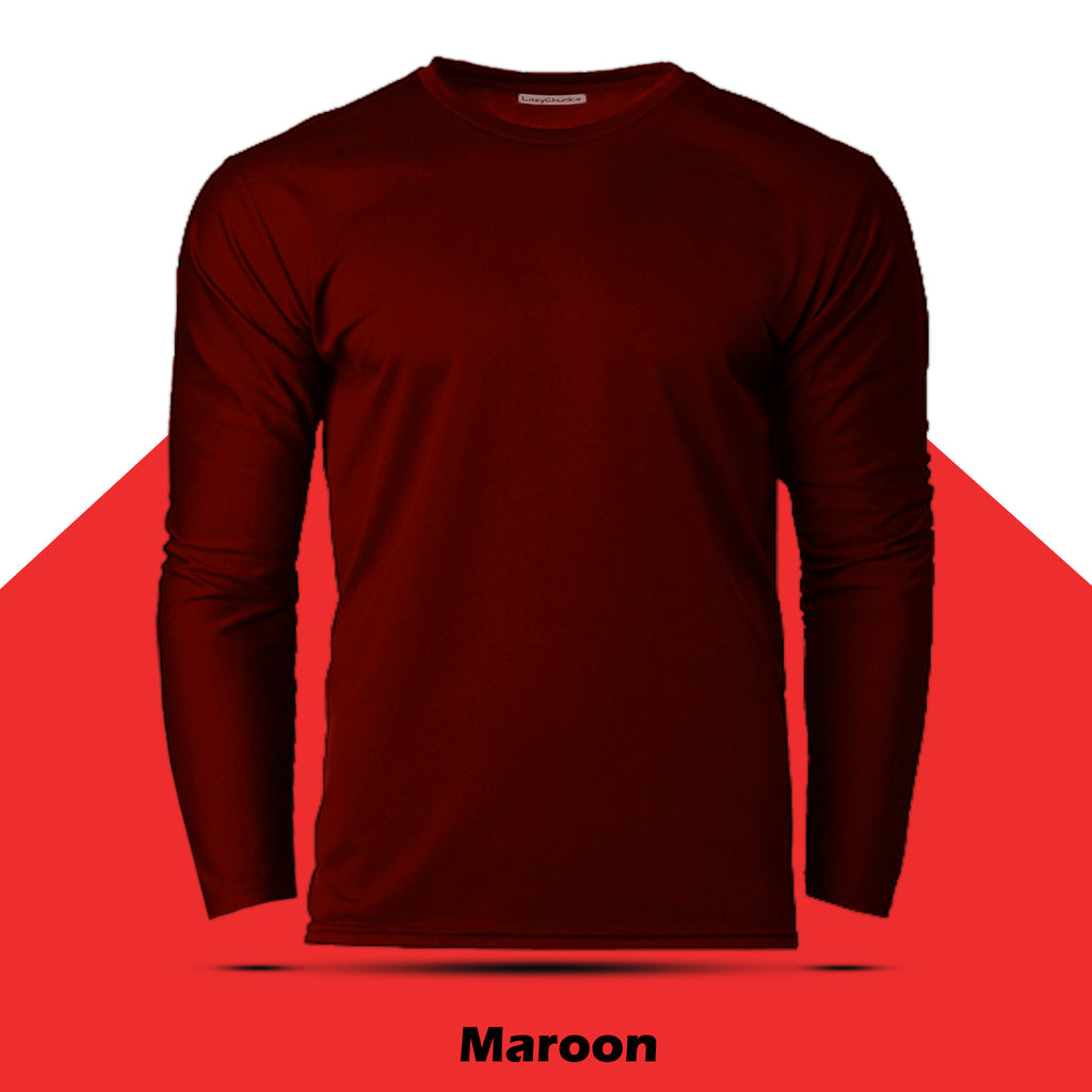 Maroon Round Neck Plain Full Sleeve T shirt by LazyChunks
