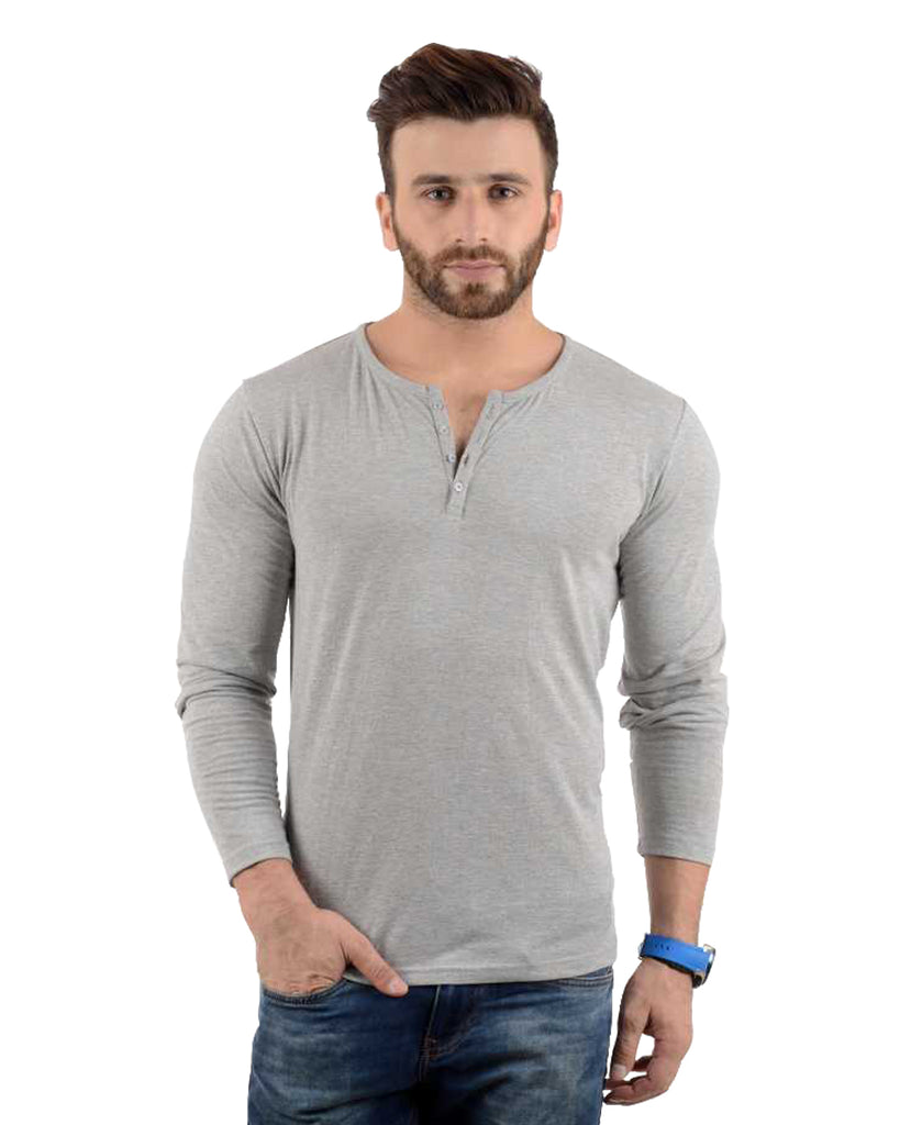 Solid Melange Grey Full Sleeve Henley Neck Plain Cotton Tshirt For Men By LazyChunks