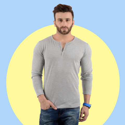 ★KIRSH★ Kirsch Plain Slim Fit Henley Neck T-Shirt Melange VANCOOG Mens Cotton Casual Slim Fit Basic Long Sleeve Henley